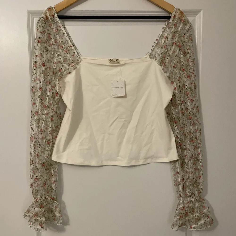 NWT Free People Intimately Gimme Butterflies Cream Floral Sheer Sleeve Blouse